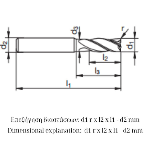 Carbide Corner Radius End Mill 4F, 54526 Dimensions